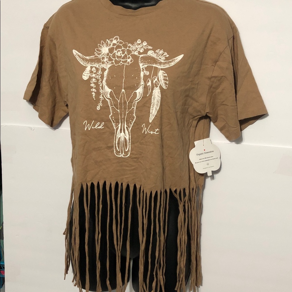 Tan fringed hem western cowgirl long horn wild west printed t-shirt size XS new